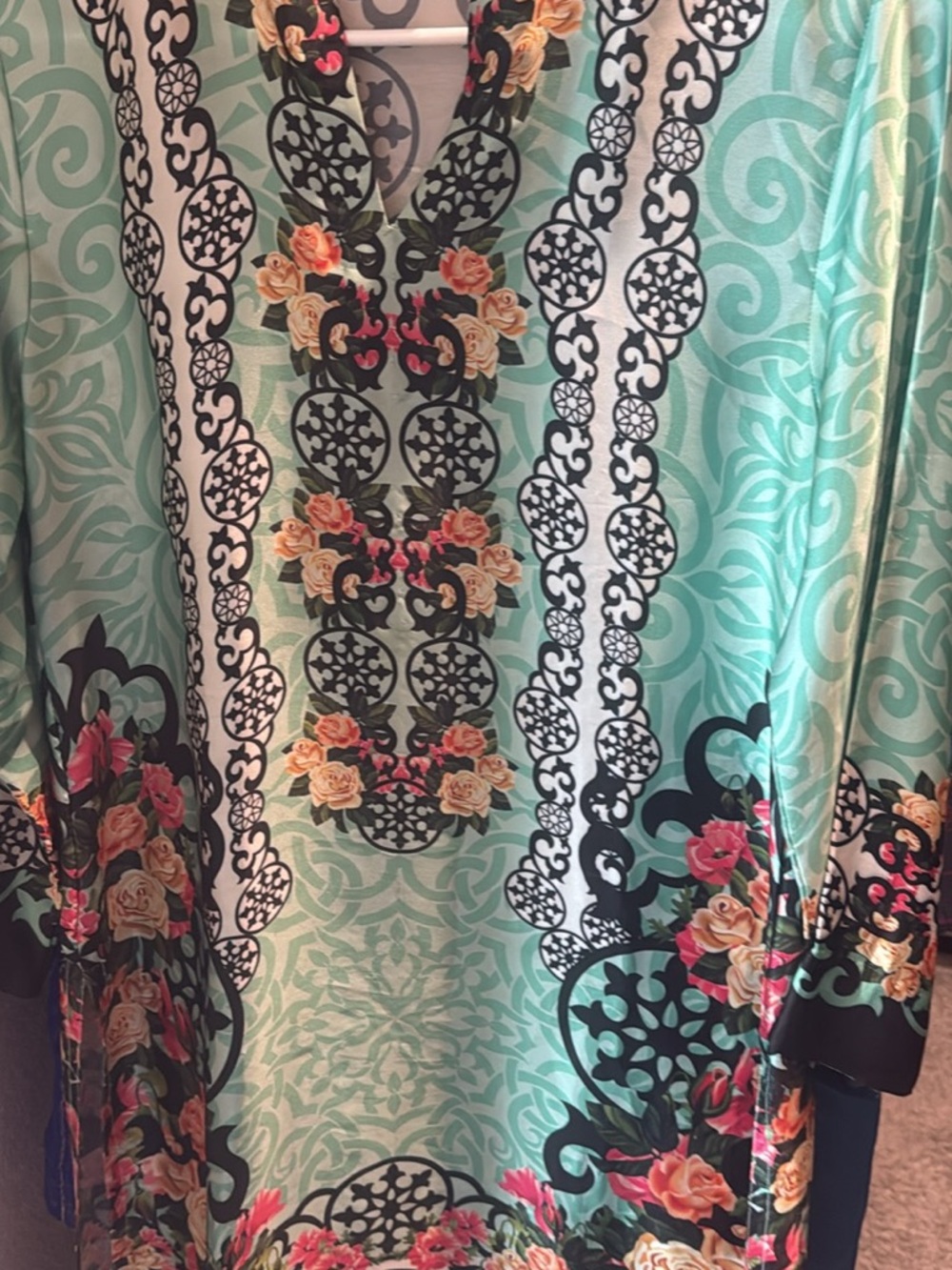 Pakistani /indian Mint Floral Boho Tunic with Black Lace Motifs